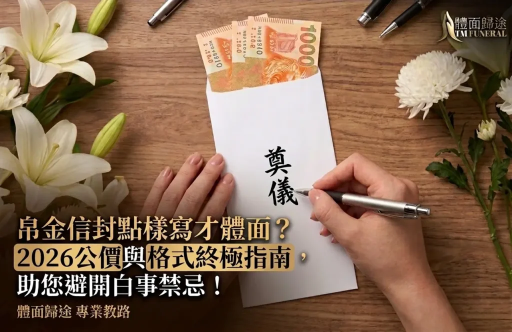 體面歸途 TM Funeral 2026香港帛金公價與格式終極指南。主視覺畫面為第一人稱視角，一雙手正用鋼筆在白色帛金信封（敬輓封）上工整書寫繁體字「奠儀」，信封口露出港幣現鈔。兩側點綴著莊嚴平和的白色百合花與白菊花，右上角帶有品牌專屬 Logo，底部搭配搶眼標題「帛金信封點樣寫才體面？2026公價與格式終極指南，助您避開白事禁忌！」。