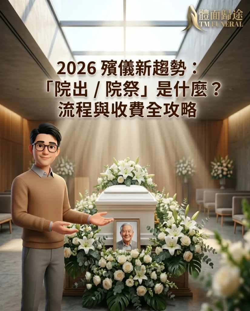 2026-hospital-funeral-trends-guide-tm-funeral-IG 2026 殯儀新趨勢:「院出 / 院祭」是什麼?流程與收費全攻略。體面歸途持牌殮葬商專家團隊製作。主視覺畫面為穿著棕色針織衫、戴眼鏡的現代卡通治喪管家,在莊嚴肅穆、陽光灑落的簡約醫院小禮堂內,向家屬引導介紹中央擺放的白色環保棺木、先人靈照與體面花藝佈置。