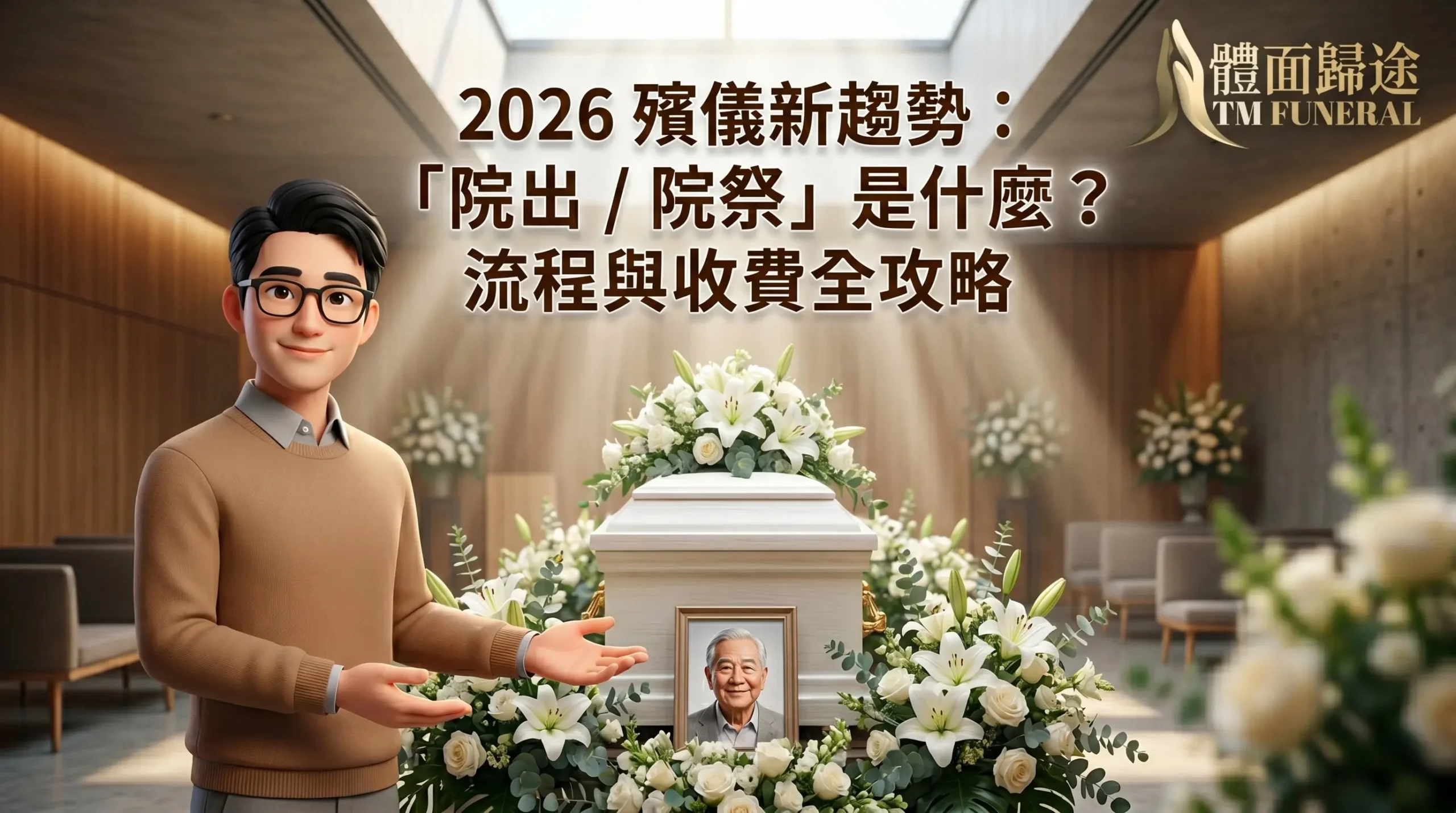 2026 殯儀新趨勢：「院出 / 院祭」是什麼？流程與收費全攻略。體面歸途持牌殮葬商專家團隊製作。主視覺畫面為穿著棕色針織衫、戴眼鏡的現代卡通治喪管家，在莊嚴肅穆、陽光灑落的簡約醫院小禮堂內，向家屬引導介紹中央擺放的白色環保棺木、先人靈照與體面花藝佈置。