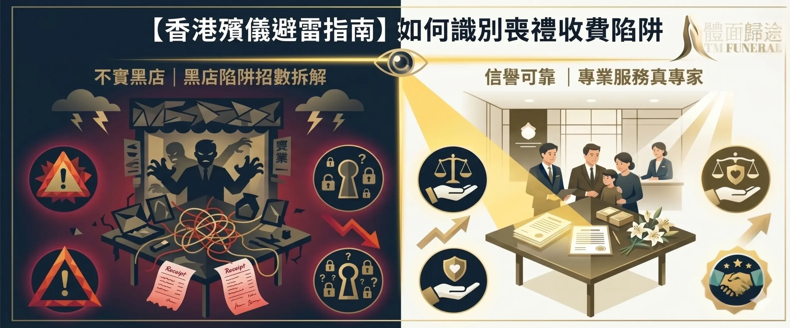 體面歸途 TM Funeral 製作的香港殯儀避雷指南主視覺。大字標題顯示「【香港殯儀避雷指南】如何識別喪禮收費陷阱」。畫面分為左右兩側明暗對比：左側為黑心殯儀商巧立名目、隨意虛報手寫收據的混亂黑店場景；右側為體面歸途正規團隊以天秤、盾牌圖示展現信譽可靠、明碼實價的專業服務，幫助家屬防範白事海鮮價陷阱。