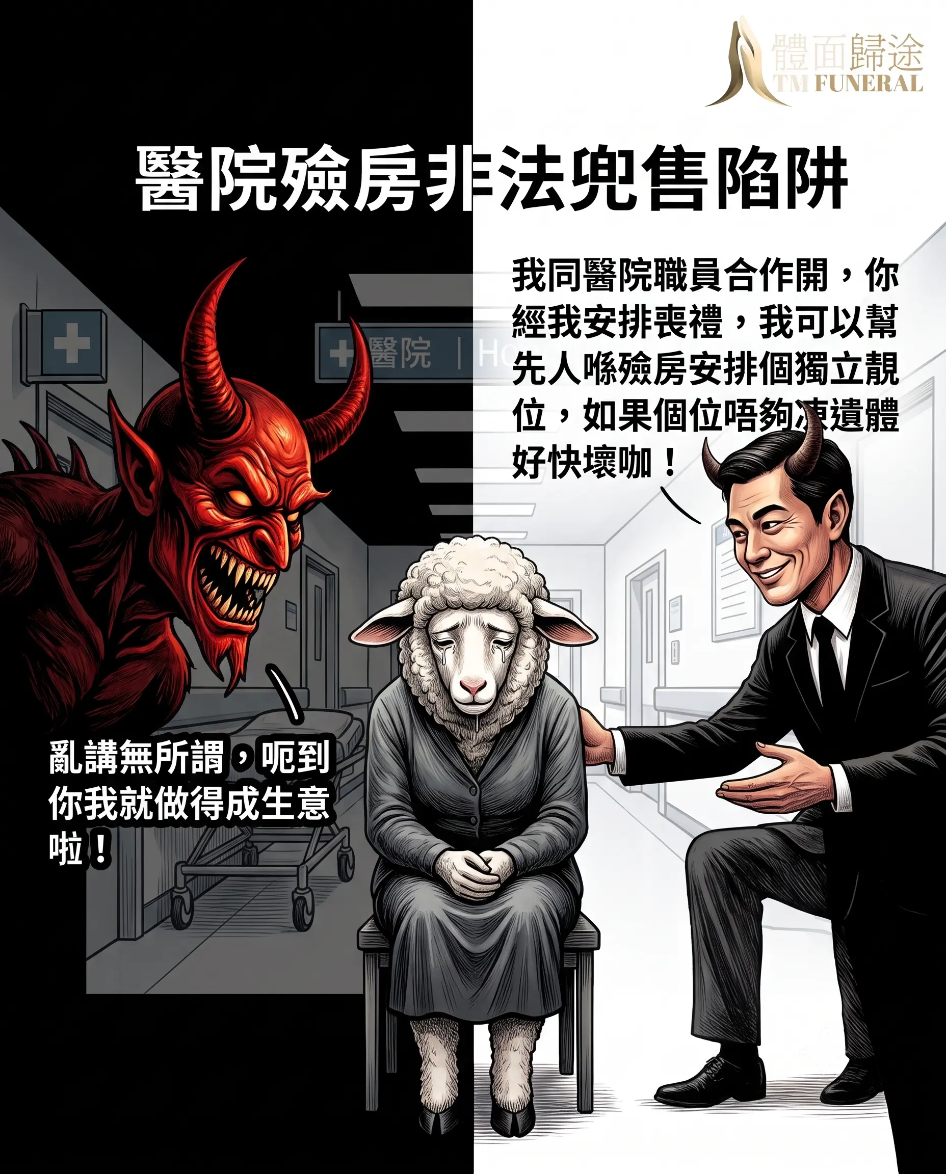 體面歸途揭發徘徊在公立醫院殮房外的無牌非法代理（艇仔）兜售陷阱。中介自稱職員並以「不即刻落訂遺體就不能存放、會被罰款幾萬蚊」等恐嚇性說話催促主家交易。體面歸途提示：醫院冷藏設備在法定期限內存放完全免費。