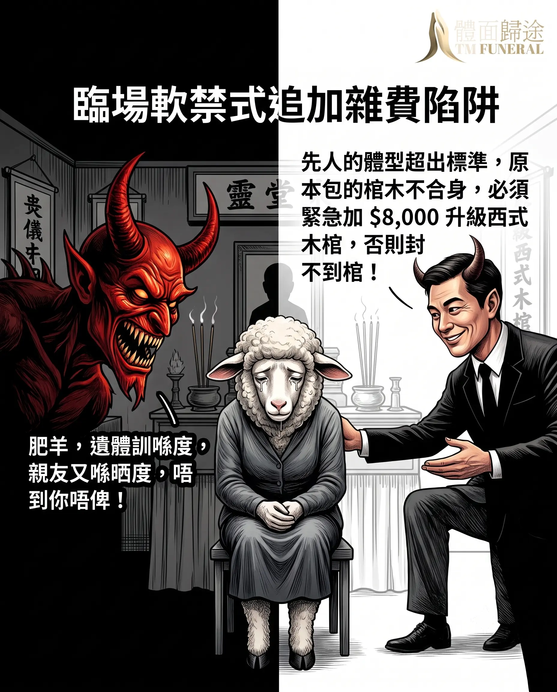 體面歸途大踢爆香港喪禮進行中追加雜費陷阱。畫面中黑店利用家屬重視面子的心理，在靈堂儀式現場以「先人體型超出標準、必須緊急加 $8,000 升級西式木棺否則封不到棺」等荒謬藉口進行情緒勒索，強索利是與追加費用。