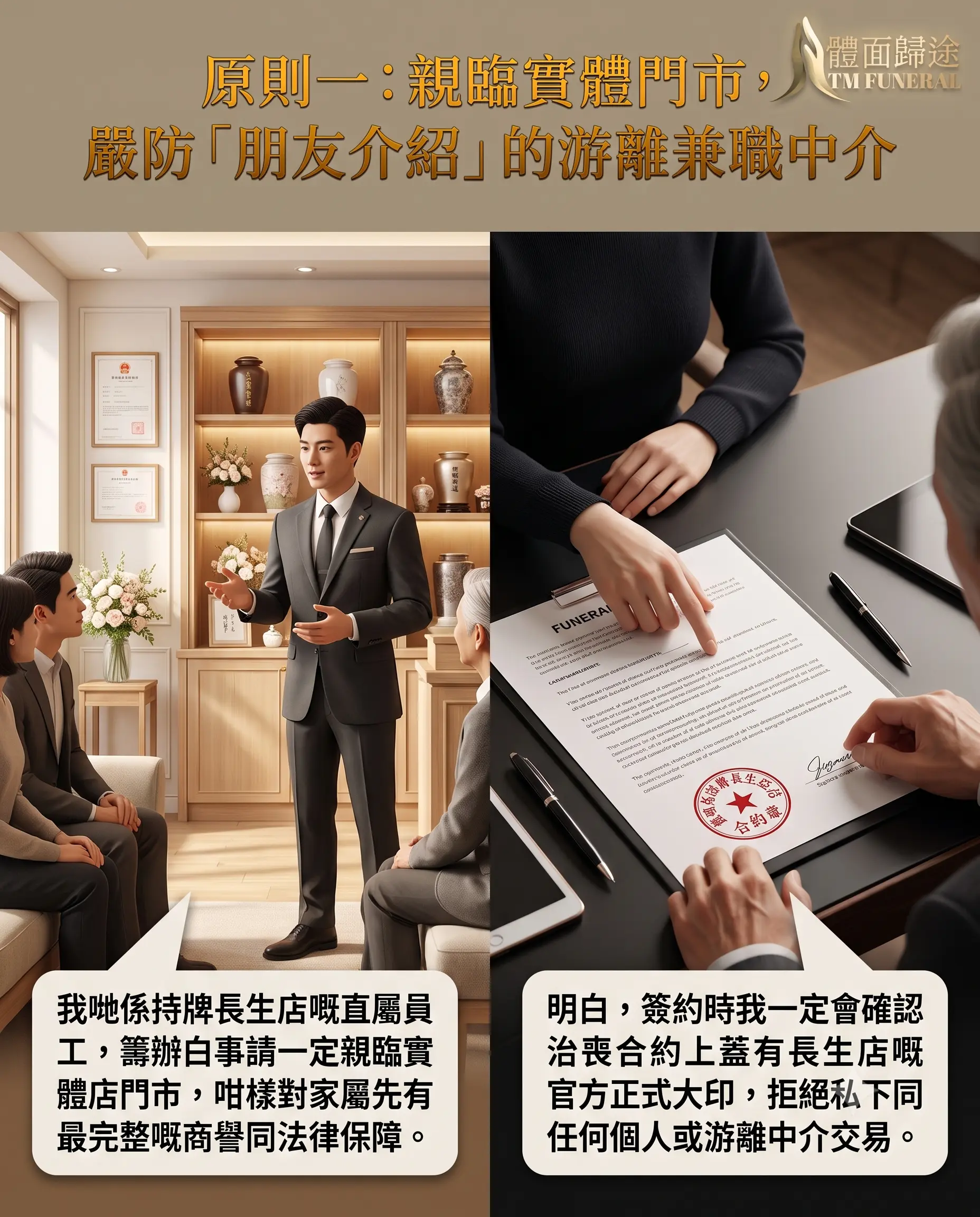 體面歸途辦喪禮注意事項原則一：親臨實體門市，嚴防朋友介紹的兼職中介。圖卡展現對比，左側為專業治喪管家在高端實體店面內承諾「我們是持牌長生店的直屬員工，具備完整商譽保障」；右側為主家與直屬員工簽約，確認合約蓋有正式大印，拒絕游離艇仔。