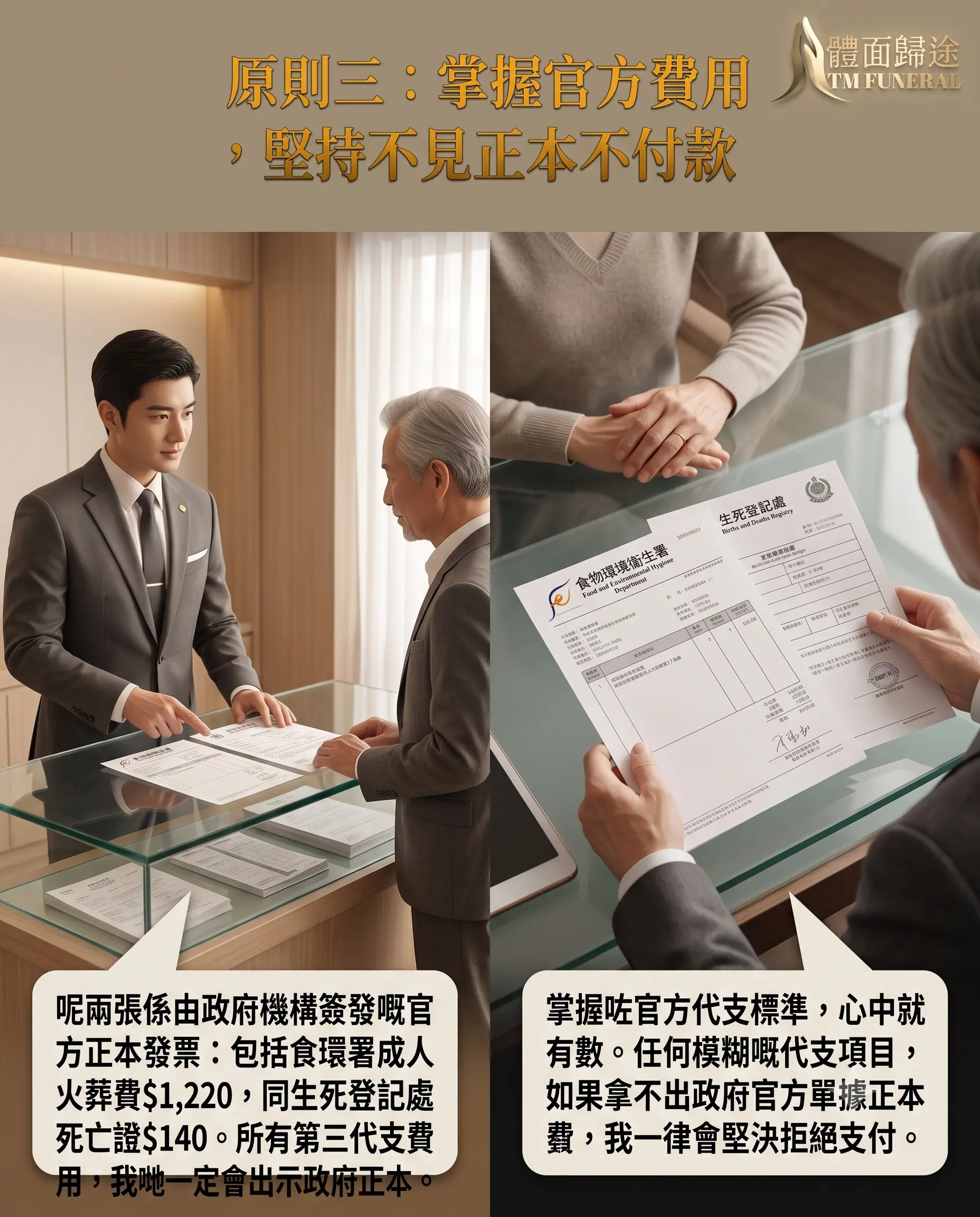 體面歸途身後事自保動作原則三：掌握官方費用，堅持不見正本不付款。管家向家屬出示由食物環境衞生署簽發的成人火葬費 $1,220 正本發票，以及生死登記處死亡證 $140 正本收據，強調任何模糊的代支項目若拿不出官方原廠正本單據，家屬應堅決拒絕支付。