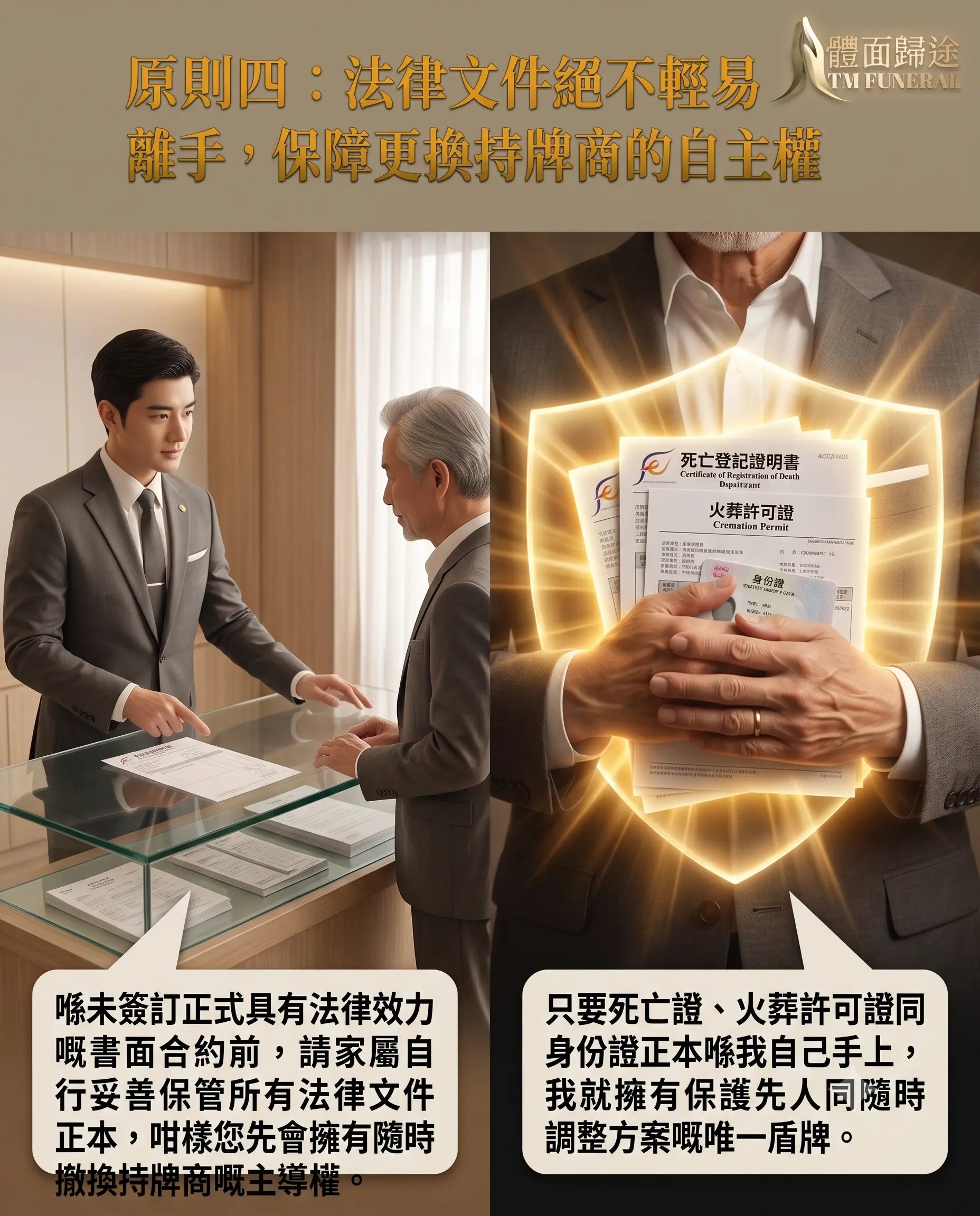 體面歸途白事防坑原則四：法律文件絕不輕易離手。右側金光盾牌中保護著死亡登記證明書、火葬許可證與身份證正本。管家提示：在未簽訂正式具法律效力的分項書面合約前，絕對不要將文件交予無牌代理，只要正本在手，家屬就擁有隨時撤換長生店的主導權。