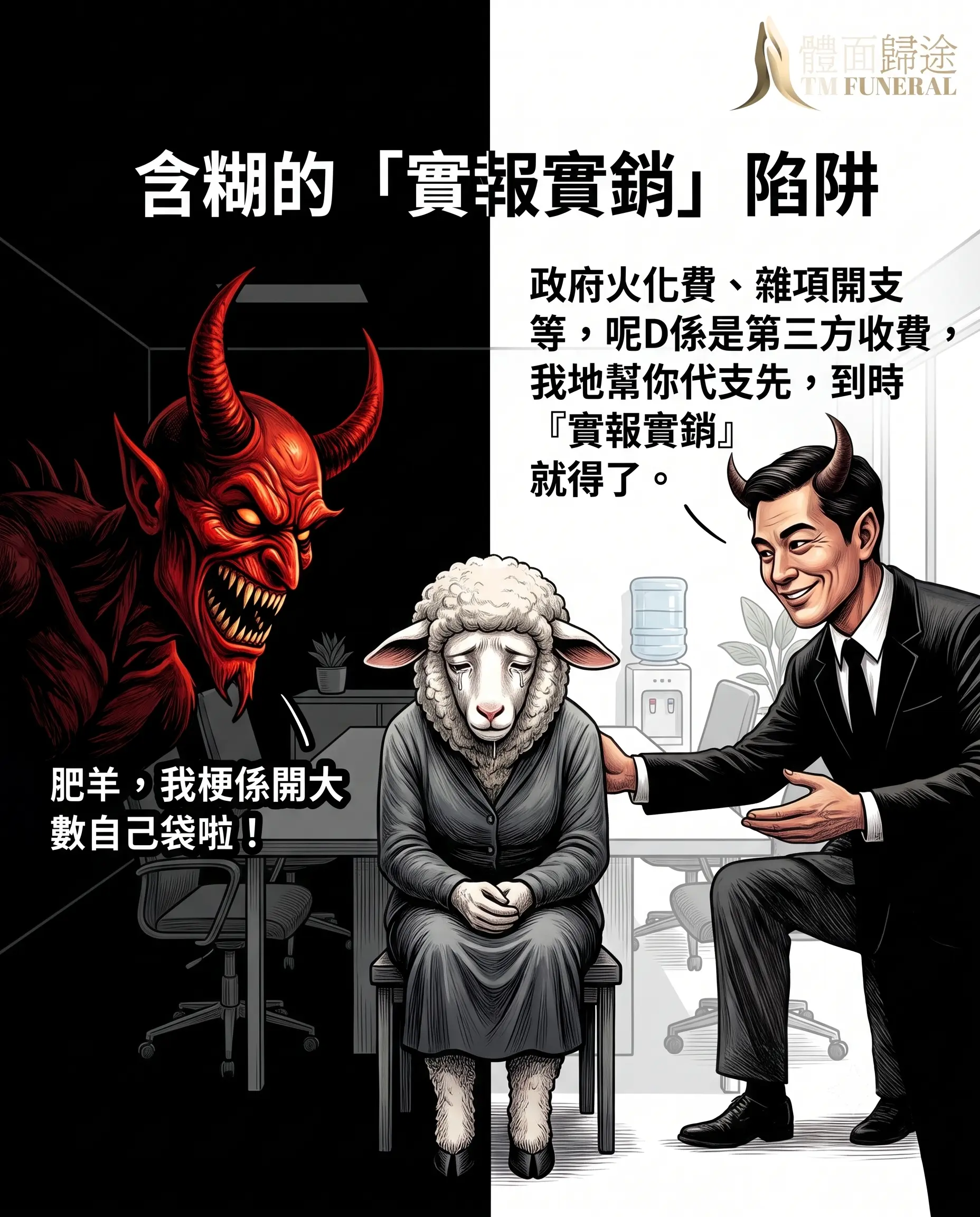 體面歸途揭秘常態性含糊實報實銷陷阱。黑店話術承諾火化費與堂費等第三方收費會先代支「實報實銷」，結帳時卻拒絕提供官方正本發票，僅憑商戶自行手寫的單據私自虛報、加抽佣金，讓家屬平白充當超支冤大頭。