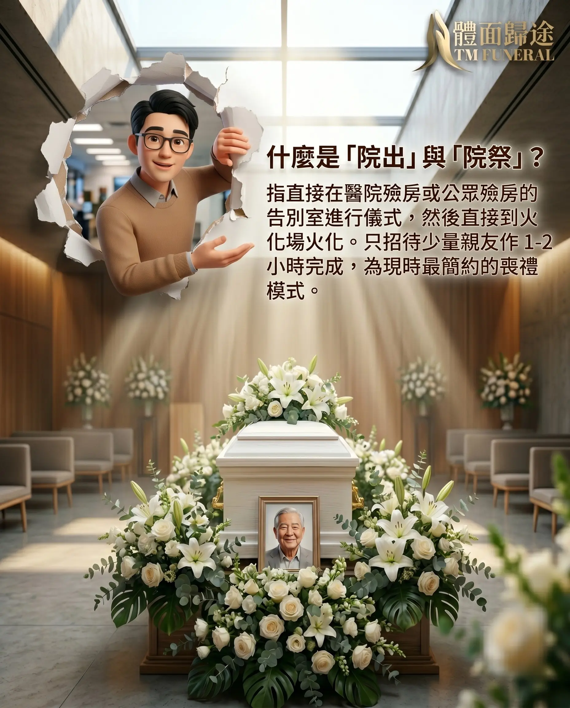 體面歸途 TM Funeral 拆解什麼是院出與院祭。圖卡內文顯示院出是指直接在醫院殮房或公眾殮房的告別室進行儀式,然後直接到火機場火化。背景為明亮溫暖的簡約醫院告別室,中央擺放精緻的西式白色棺木與先人靈照,周圍環繞白色百合花海,由卡通治喪管家沉穩引路。